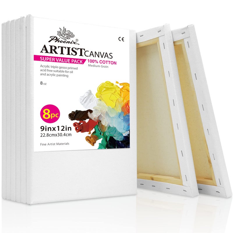 PHOENIX Stretched Canvas for Painting 9x12 Inch/8 Value Pack, 8 Oz Triple Primed 5/8 Inch Profile 100% Cotton White Blank Canvas, Artist Framed Canvas for Oil Acrylic & Pouring Art - Image 1